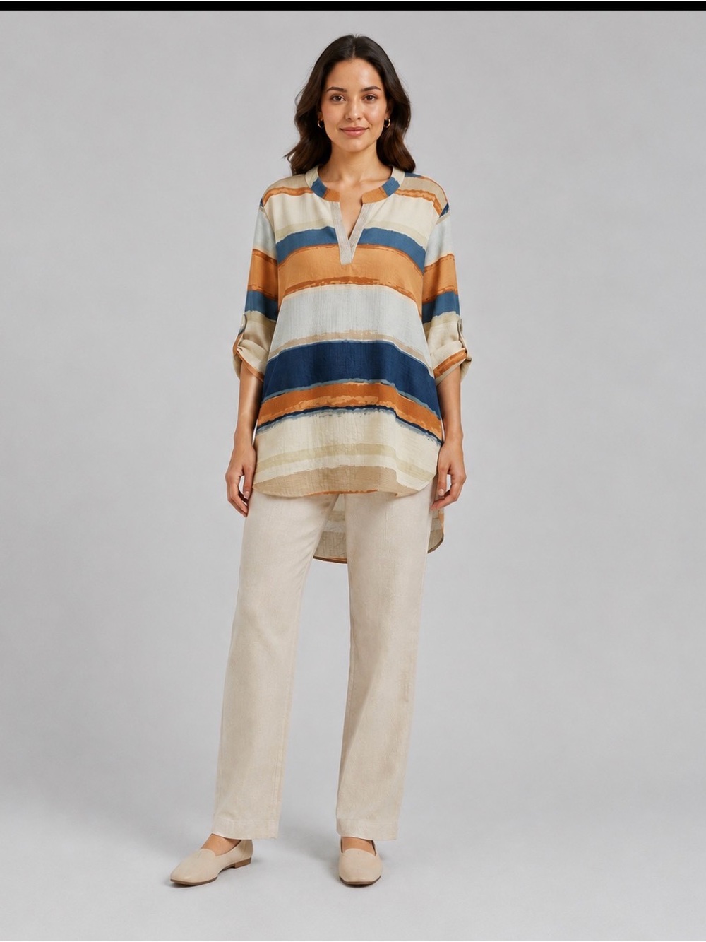 Relaxed Striped V-Neck Tunic in Blue and Tan